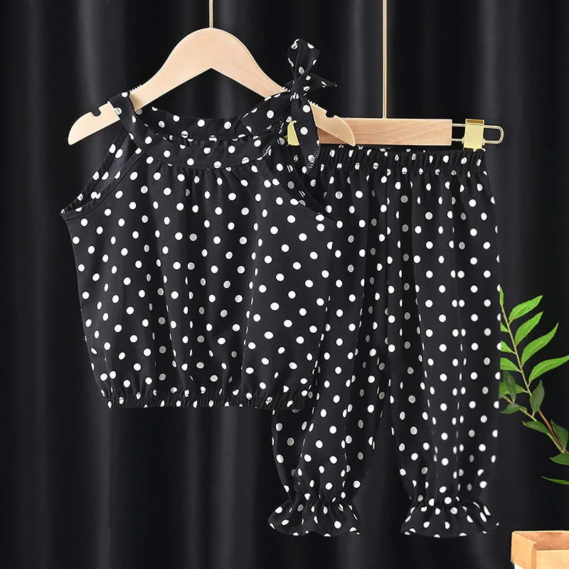 2PCS Baby Girls Clothing Sets Summer Sleeveless Polka Dot Kids Girls Clothes Chiffon Shirts+Pants Outfits Children Casual Suits - Image 3