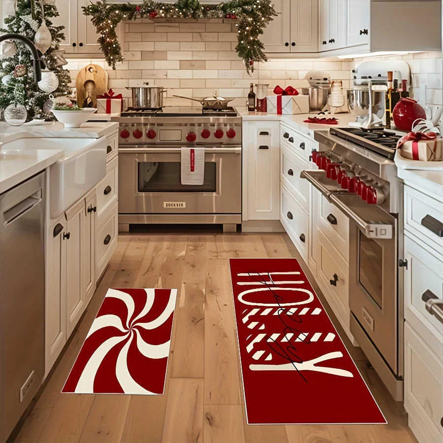 2pcs Christmas Candy Cane Kitchen Mats Set - Anti-Slip, Machine Washable, Festive Holiday Decor for Home & Dining Room (16"x24", 16"x47") - Image 3