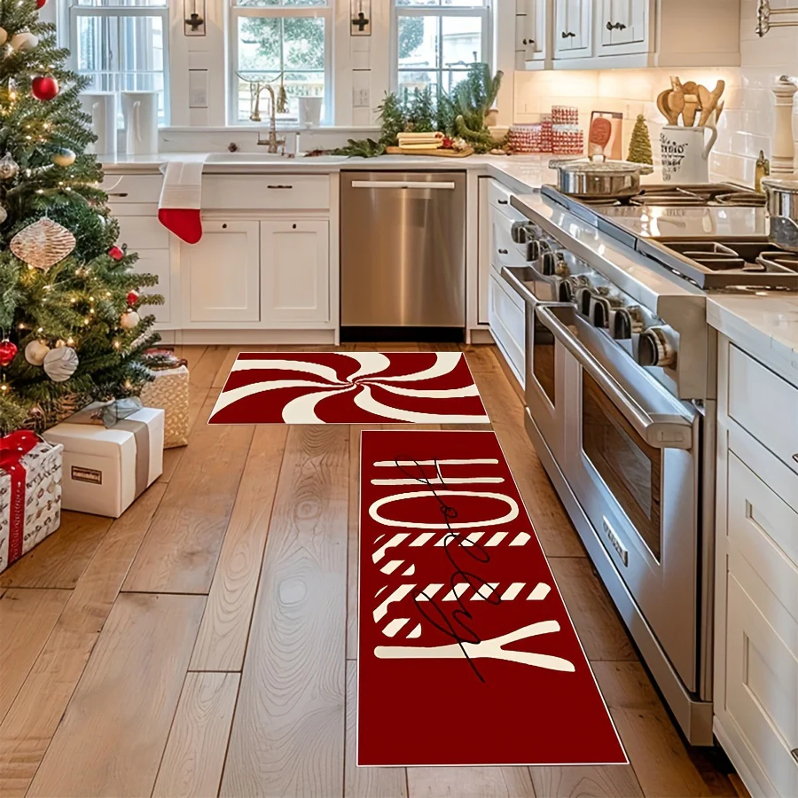 2pcs Christmas Candy Cane Kitchen Mats Set - Anti-Slip, Machine Washable, Festive Holiday Decor for Home & Dining Room (16"x24", 16"x47") - Image 4