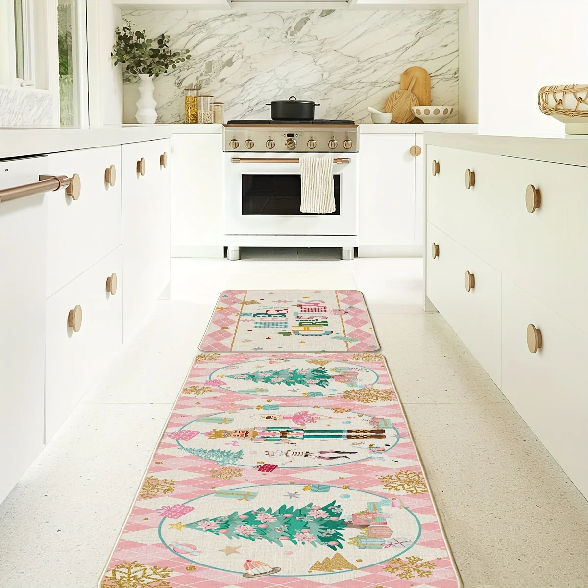 2pcs Diamond Plaid Nutcracker Merry Christmas Kitchen Mats Footprints, Winter Decor Low-Profile Kitchen Rugs For Floor - 17x29 And 17x47 Inch
