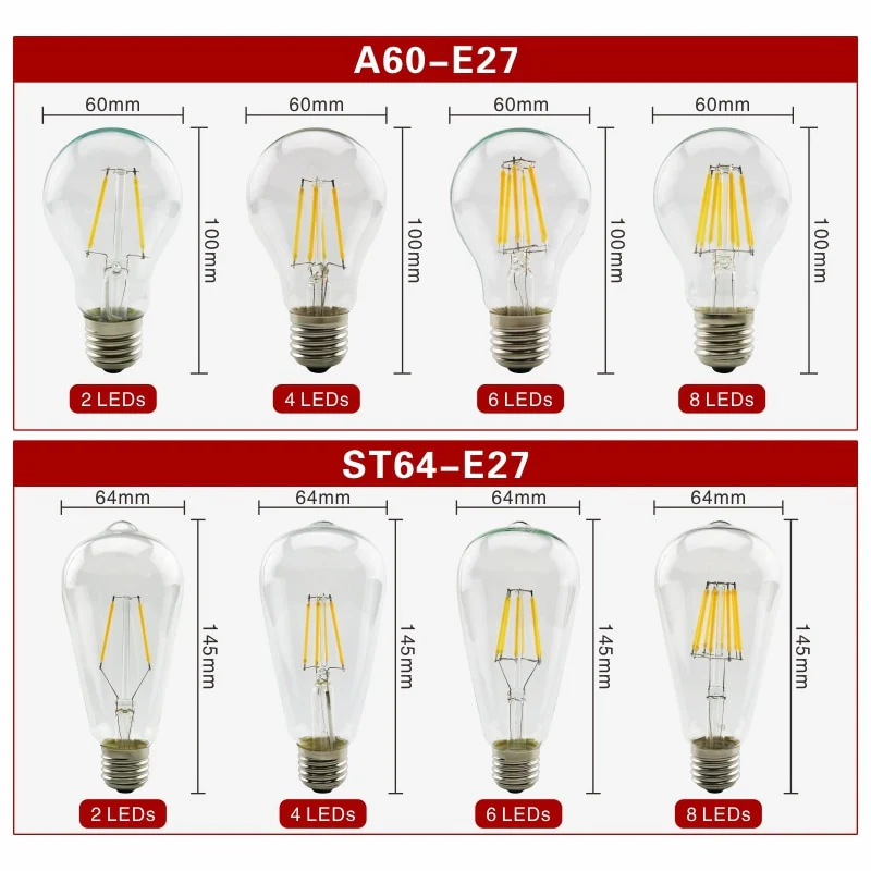 2pcs E27 E14 Retro Edison LED Filament Bulb Lamp AC220V Light Bulb C35 G45 A60 ST64 G80 G95 G125 Glass Bulb Vintage Light - Image 11
