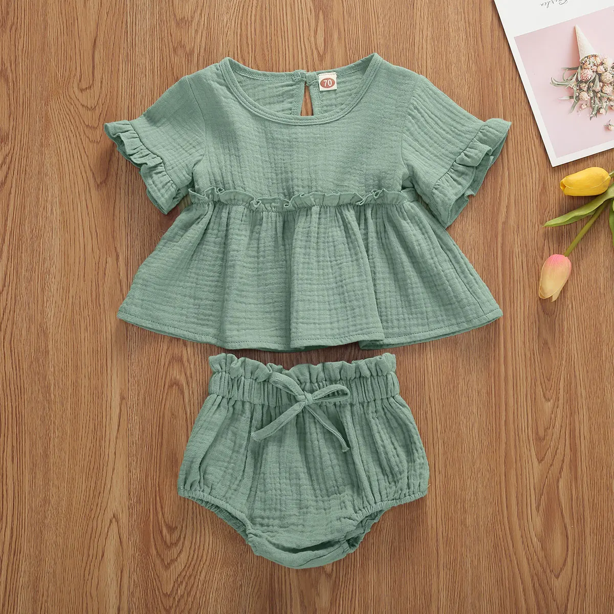 2pcs Newborn Infant Baby Girls Clothes Sets Cute Cotton Soft Solid Ruffles Short Sleeve T Shirts Tops+Shorts Outfits Suit - Image 2