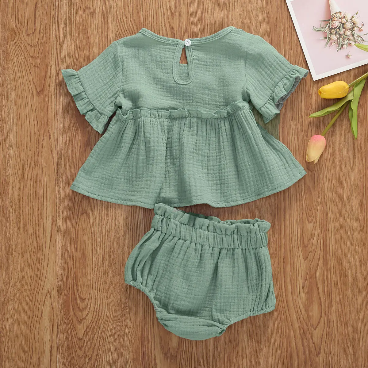 2pcs Newborn Infant Baby Girls Clothes Sets Cute Cotton Soft Solid Ruffles Short Sleeve T Shirts Tops+Shorts Outfits Suit - Image 3