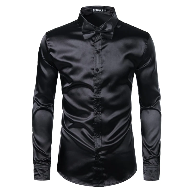 2pcs Silver Silk Shirt+Tie Mens Satin Smooth Tuxedo Shirts - Image 12