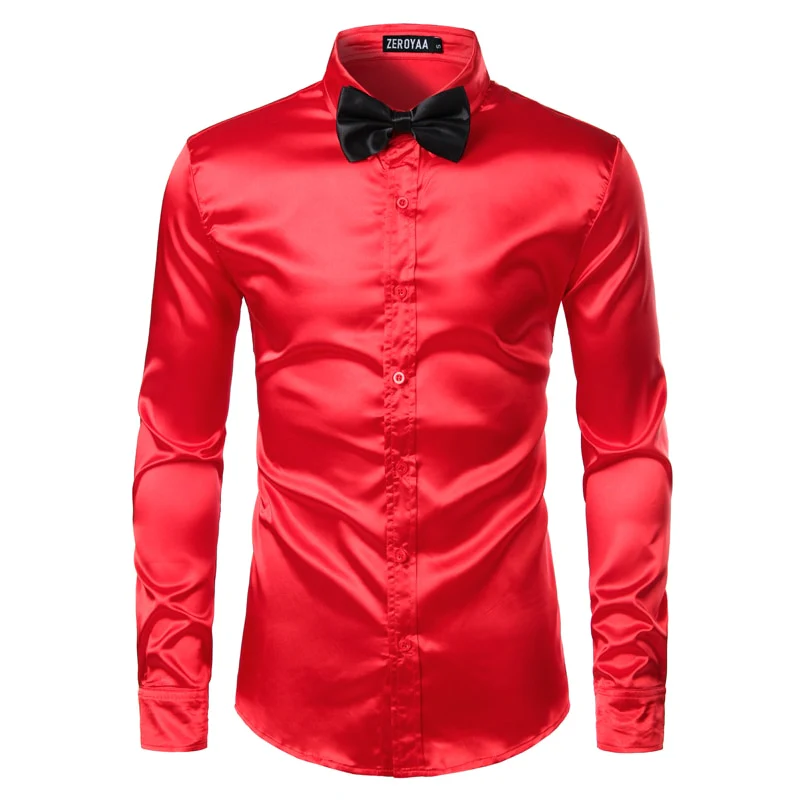 2pcs Silver Silk Shirt+Tie Mens Satin Smooth Tuxedo Shirts - Image 13