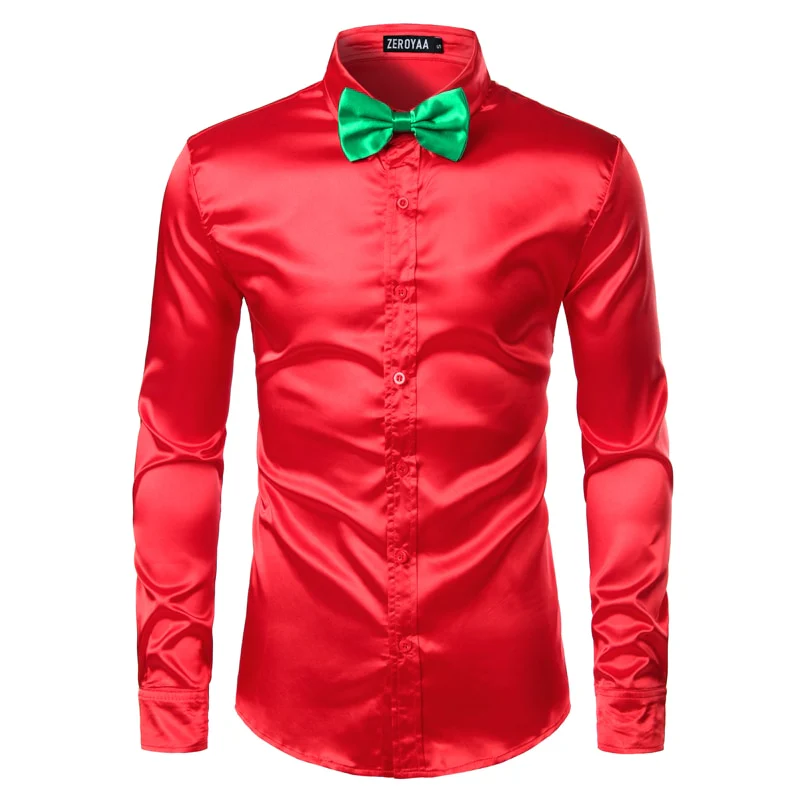 2pcs Silver Silk Shirt+Tie Mens Satin Smooth Tuxedo Shirts - Image 22