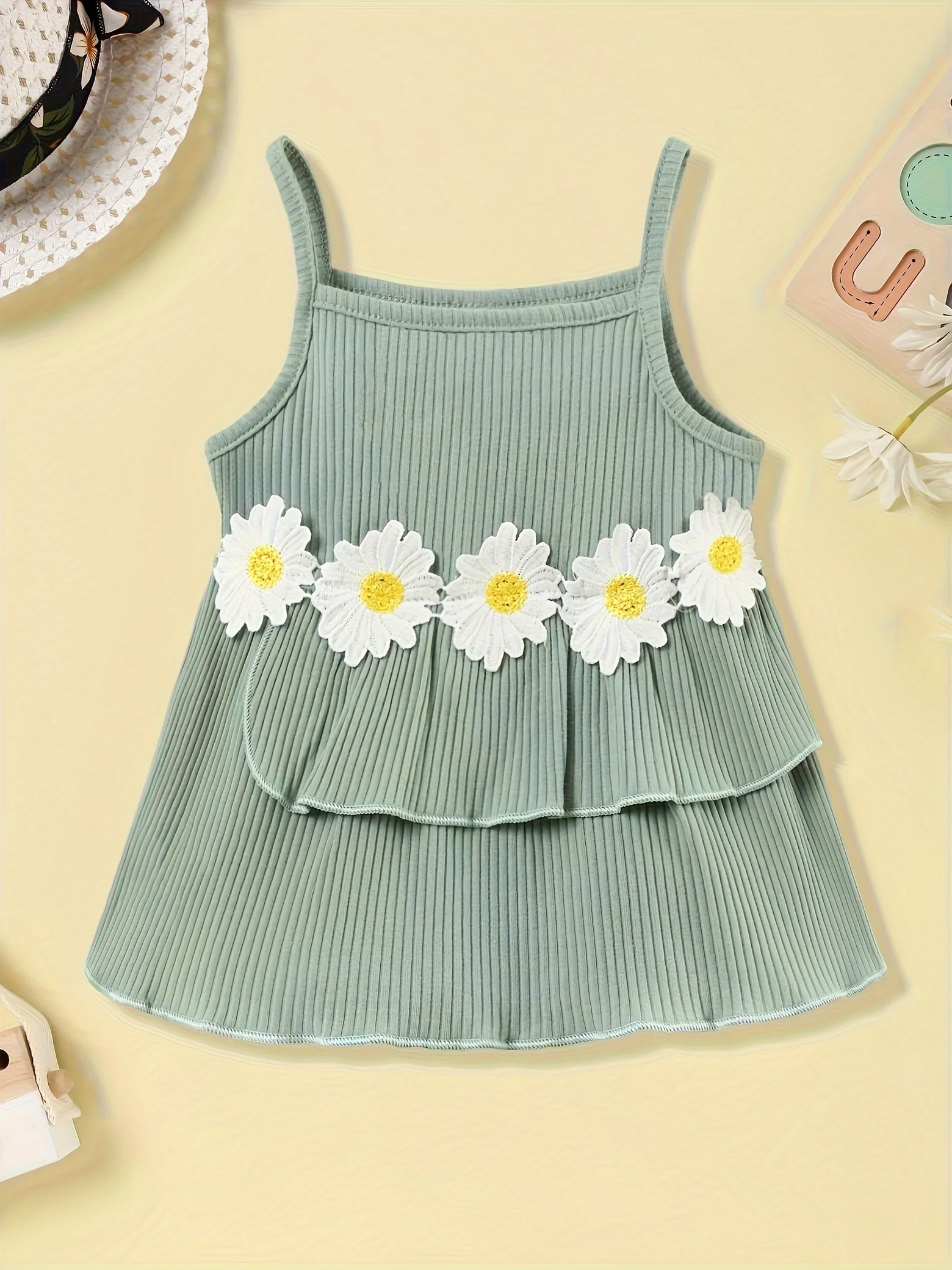 2pcs Toddler Girl's Ruffle Decor Flower Cami Top & Elastic Waist Denim Shorts Set Kid's Summer Clothes - Image 3