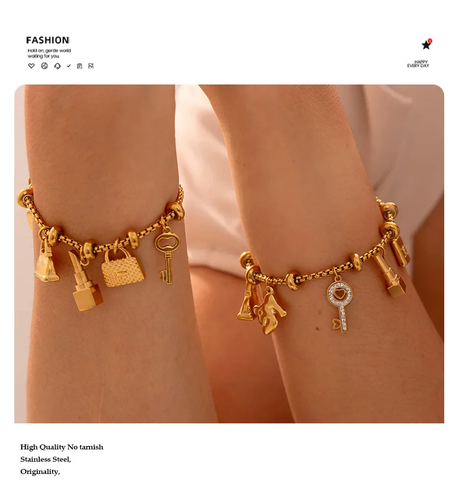 316L Stainless Steel Charm Bracelet For Women 18K Gold Plated Waterproof No Tarnish Women's Multiple Different Pendant Bracelets - Image 12