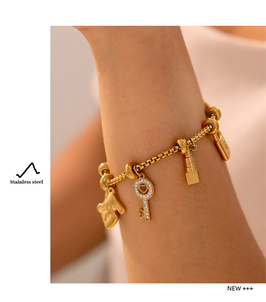 316L Stainless Steel Charm Bracelet For Women 18K Gold Plated Waterproof No Tarnish Women's Multiple Different Pendant Bracelets - Image 13