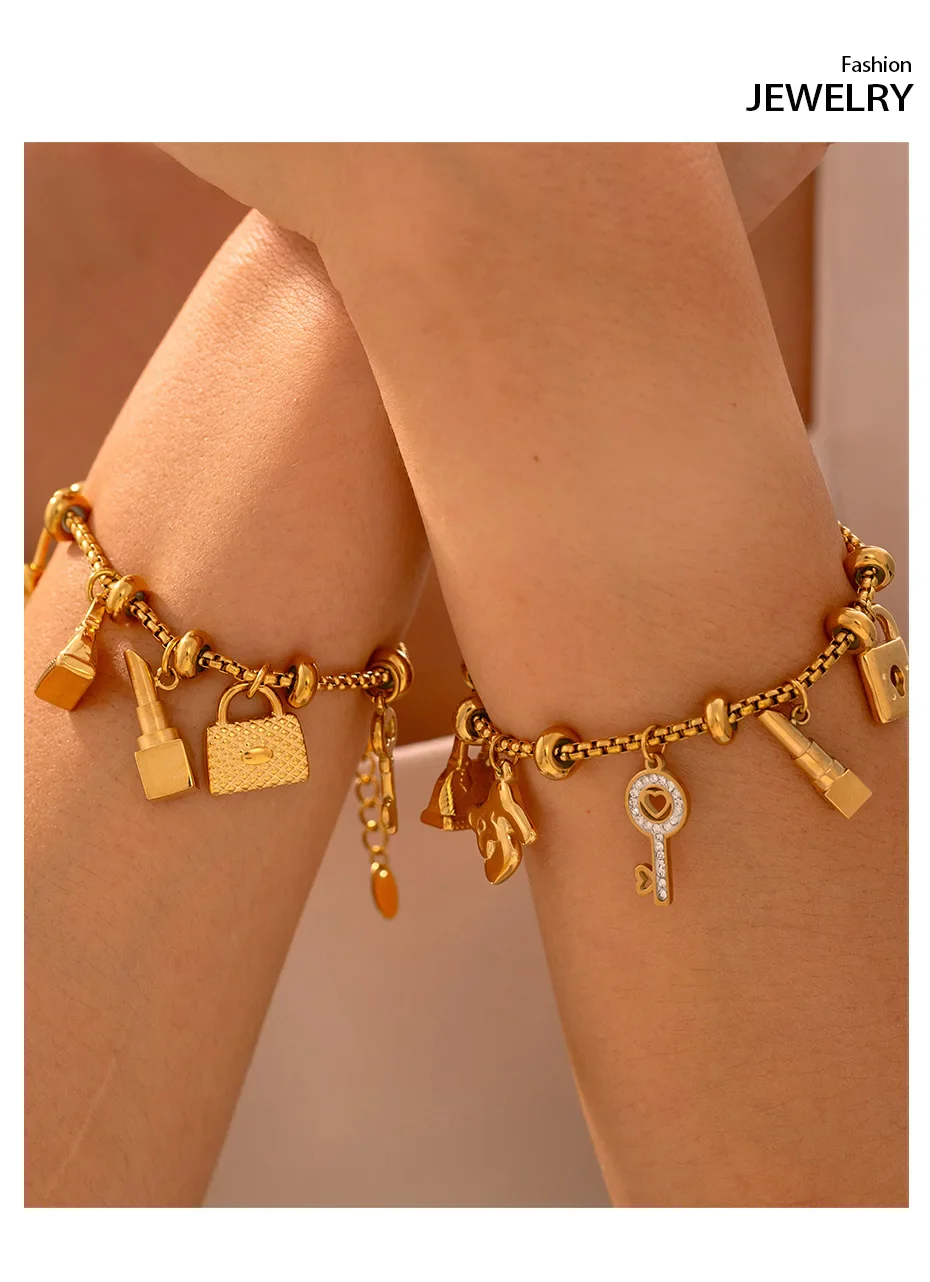 316L Stainless Steel Charm Bracelet For Women 18K Gold Plated Waterproof No Tarnish Women's Multiple Different Pendant Bracelets - Image 15