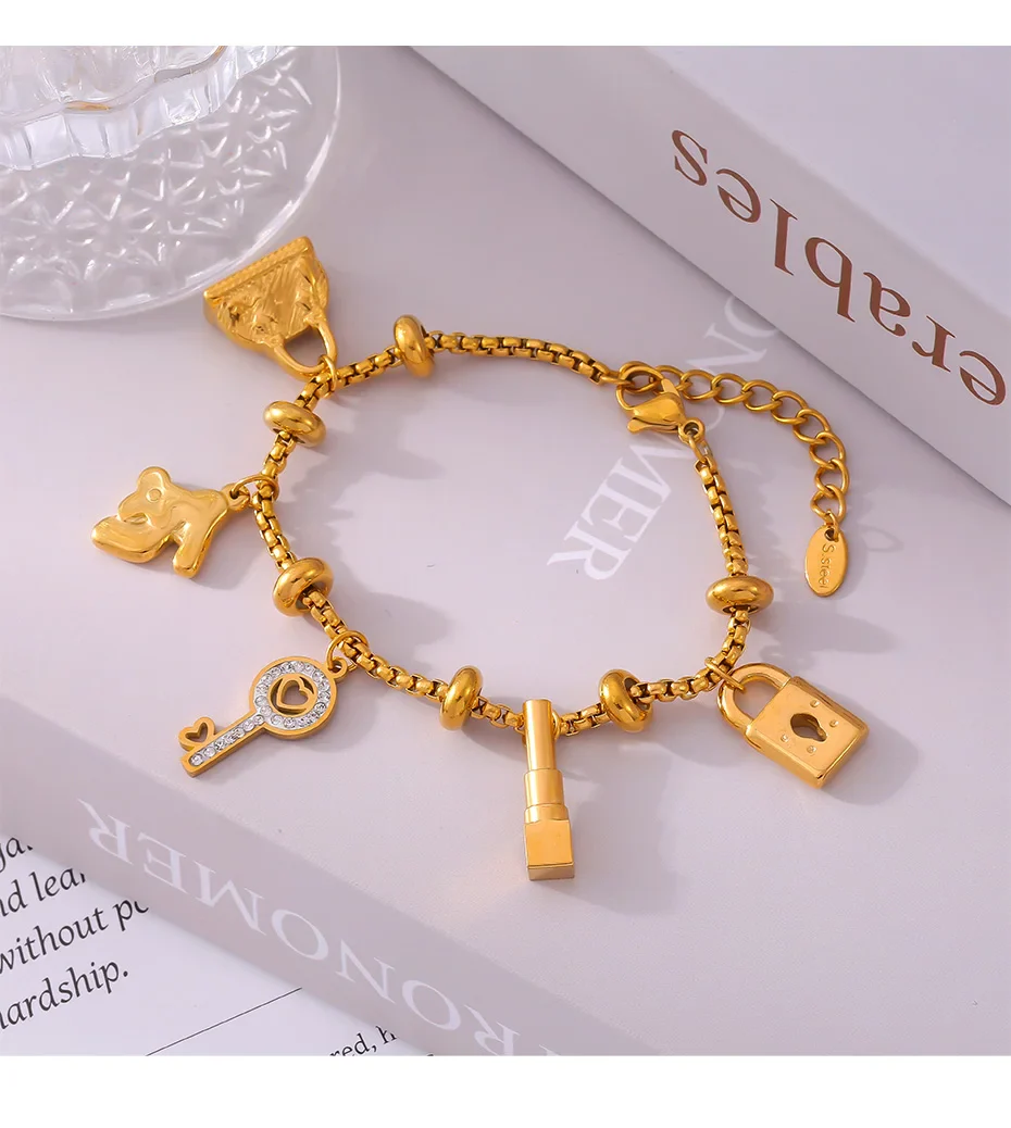 316L Stainless Steel Charm Bracelet For Women 18K Gold Plated Waterproof No Tarnish Women's Multiple Different Pendant Bracelets - Image 19