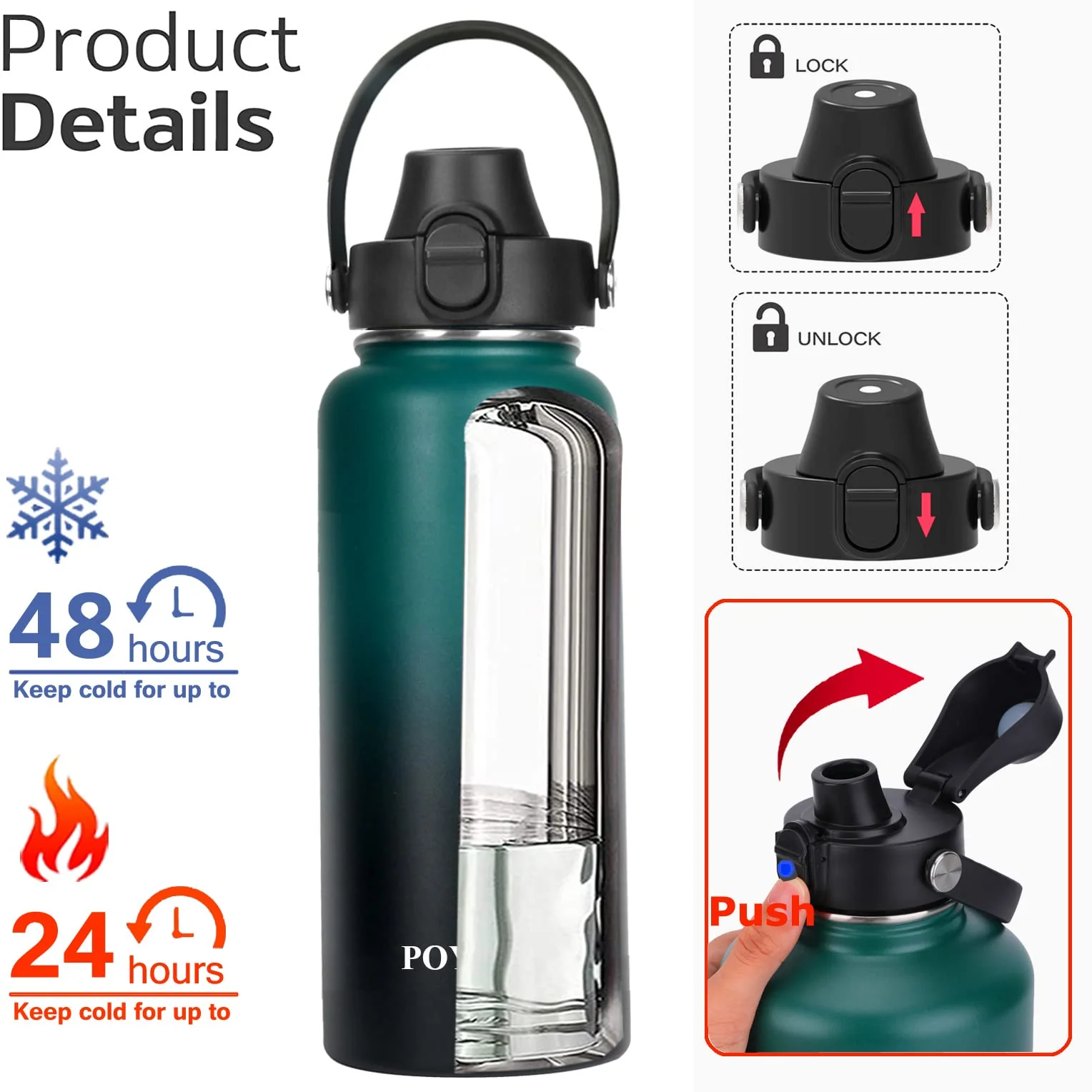 32oz Insulated Stainless Steel Water Bottle with Straw & Spout Lid, Double Wall Sweat-proof BPA Free to Keep Beverages Cold For 24Hrs or Hot For 12Hrs - Image 7