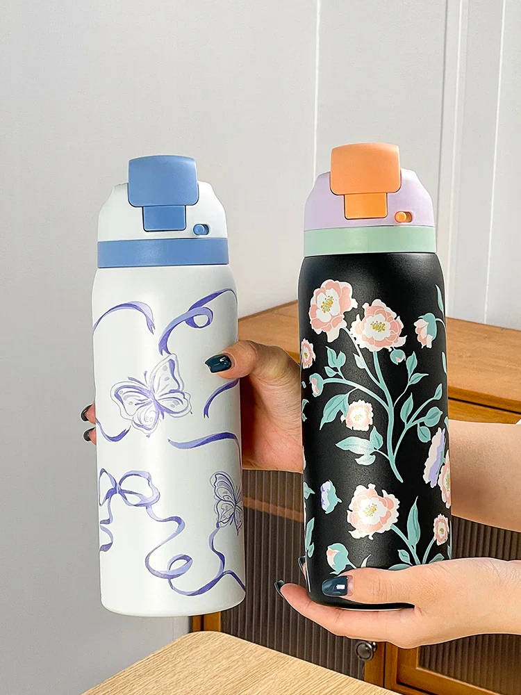 34oz Stylish Stainless Steel Water Bottle - Trendy Floral Two-Tone Design, 24Hr Hot/Cold Insulated, Leakproof Sport Lid & Handle - Image 16