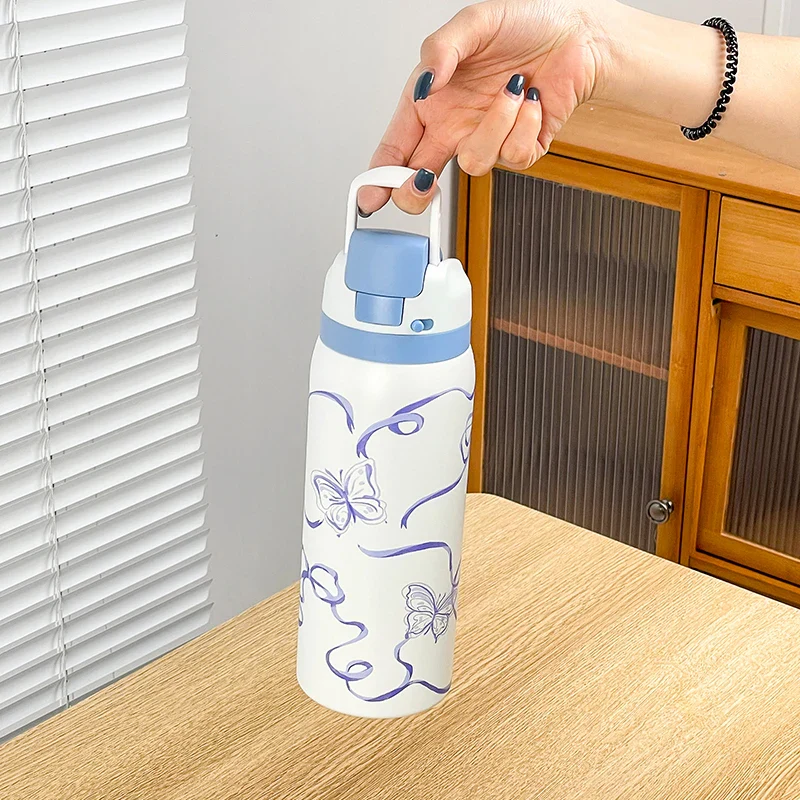34oz Stylish Stainless Steel Water Bottle - Trendy Floral Two-Tone Design, 24Hr Hot/Cold Insulated, Leakproof Sport Lid & Handle - Image 2