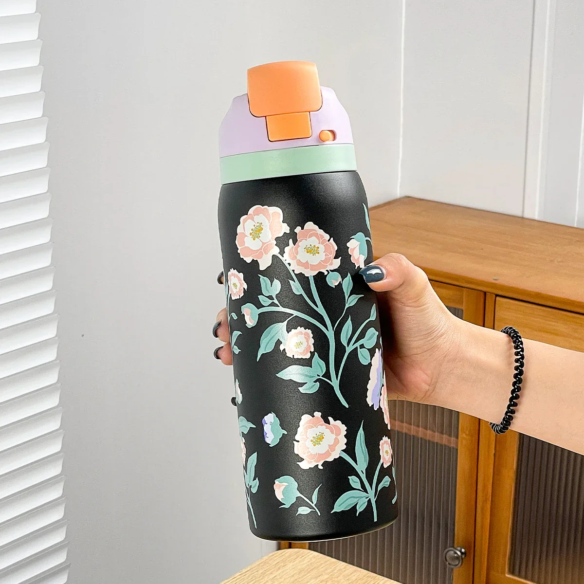 34oz Stylish Stainless Steel Water Bottle - Trendy Floral Two-Tone Design, 24Hr Hot/Cold Insulated, Leakproof Sport Lid & Handle - Image 20