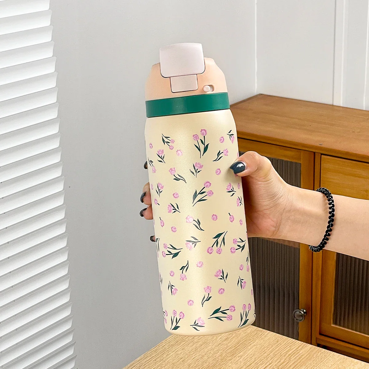 34oz Stylish Stainless Steel Water Bottle - Trendy Floral Two-Tone Design, 24Hr Hot/Cold Insulated, Leakproof Sport Lid & Handle - Image 21