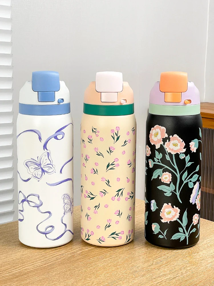 34oz Stylish Stainless Steel Water Bottle - Trendy Floral Two-Tone Design, 24Hr Hot/Cold Insulated, Leakproof Sport Lid & Handle - Image 7