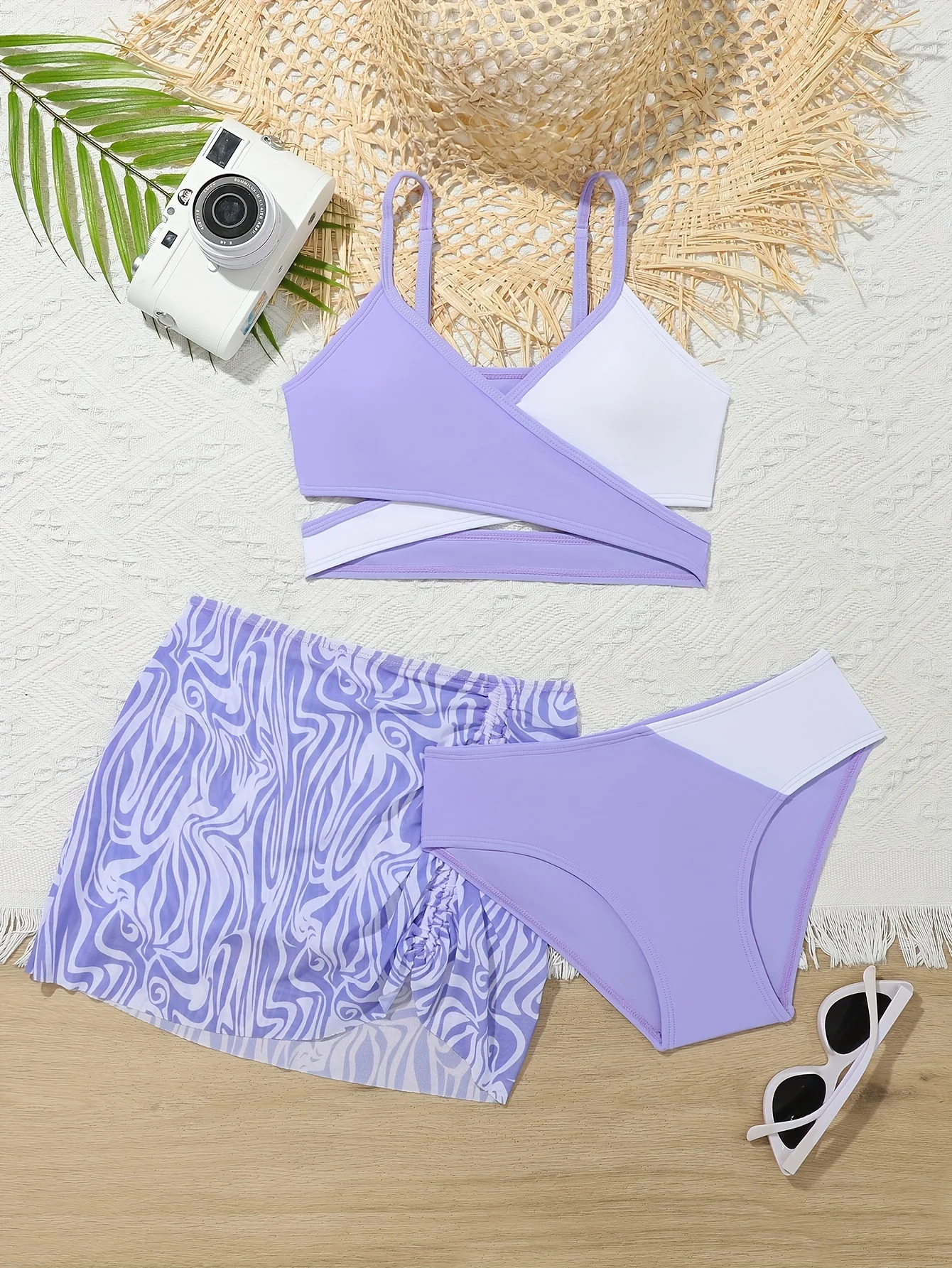 3pcs Fashionable Girls Bikini Swimwear Set - Comfortable, Quick-Dry Bathing Suit with Adjustable Straps - Perfect Sun-Ready Summer Clothes for Beach Vacations - Image 2