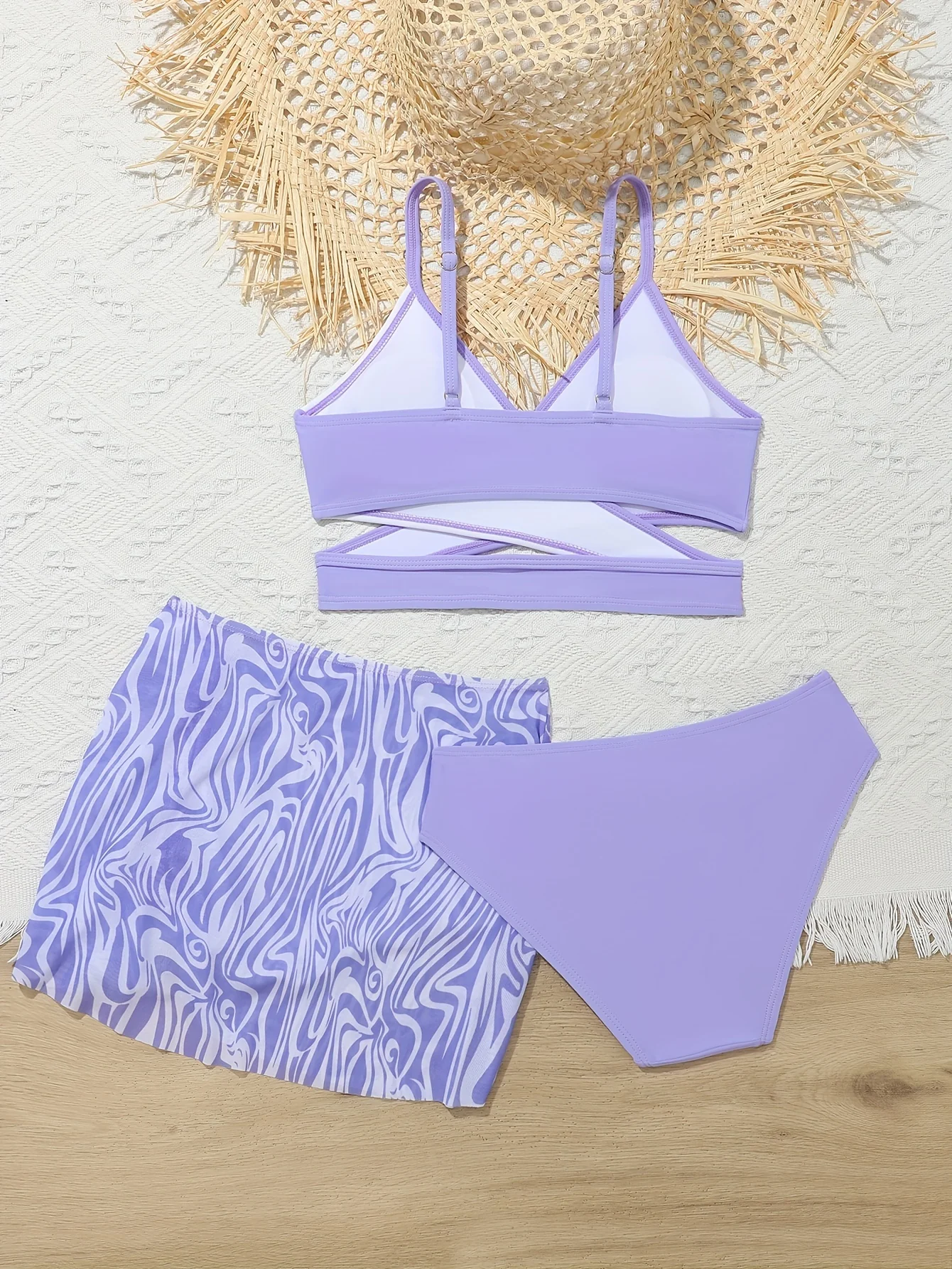 3pcs Fashionable Girls Bikini Swimwear Set - Comfortable, Quick-Dry Bathing Suit with Adjustable Straps - Perfect Sun-Ready Summer Clothes for Beach Vacations - Image 4