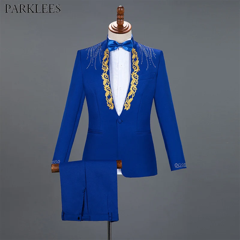 3x and 4x Diamond Royal Blue Men Suit Set Gold Embroidered Wedding Mens Slim Fit Tuxedo Mens Suits with Pants Prom Show Stage Costume