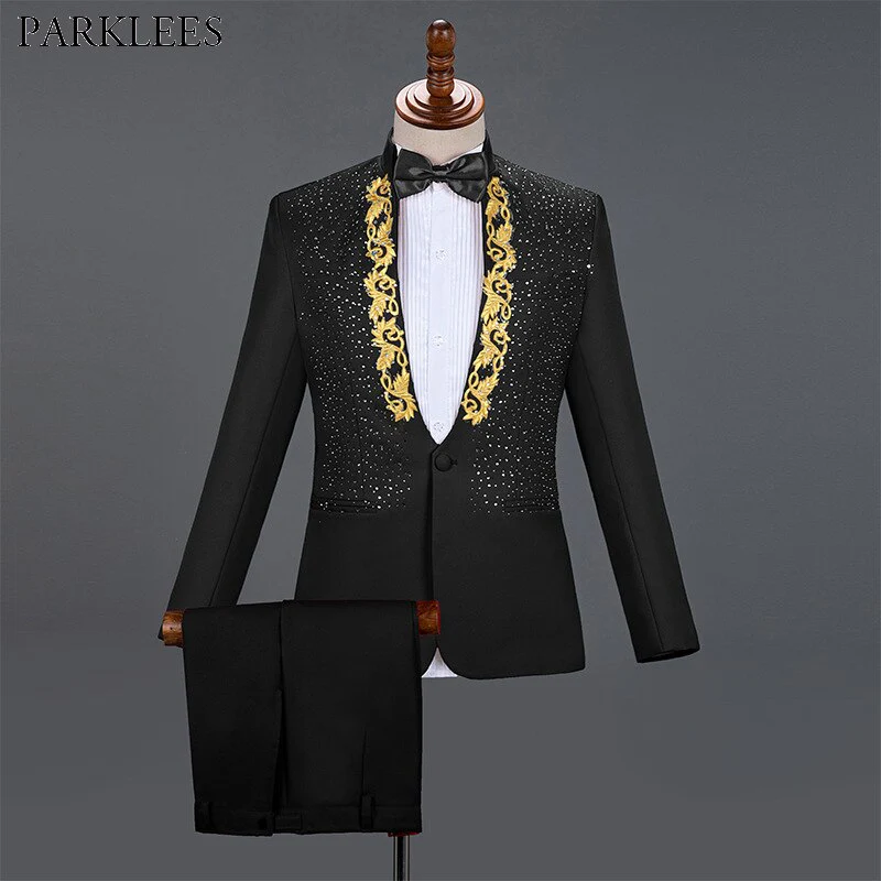 3x and 4x Diamond Royal Blue Men Suit Set Gold Embroidered Wedding Mens Slim Fit Tuxedo Mens Suits with Pants Prom Show Stage Costume - Image 21
