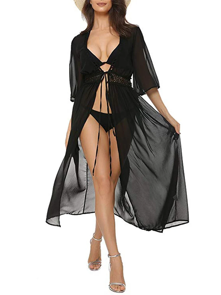 Sexy Beach Long Maxi Dress Women Bikini Cover Up White V Neck Dress Robe - Image 3