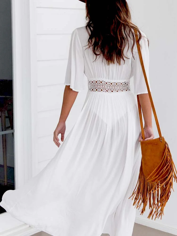 Sexy Beach Long Maxi Dress Women Bikini Cover Up White V Neck Dress Robe - Image 5