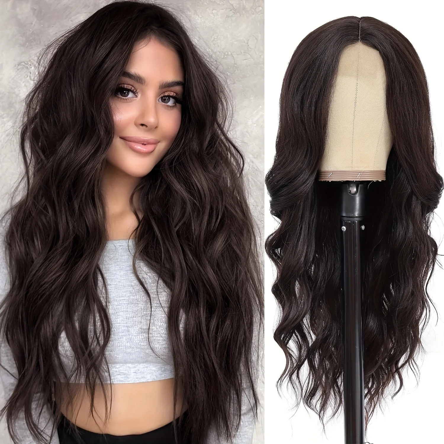 4*1 U-Part Lace Front Long Wigs For Women Middle Part Wavy Curly Wig With Dark Roots Synthetic Heat Resistant Fiber Wig For Daily Party Use (Brown With Blonde) - Image 10