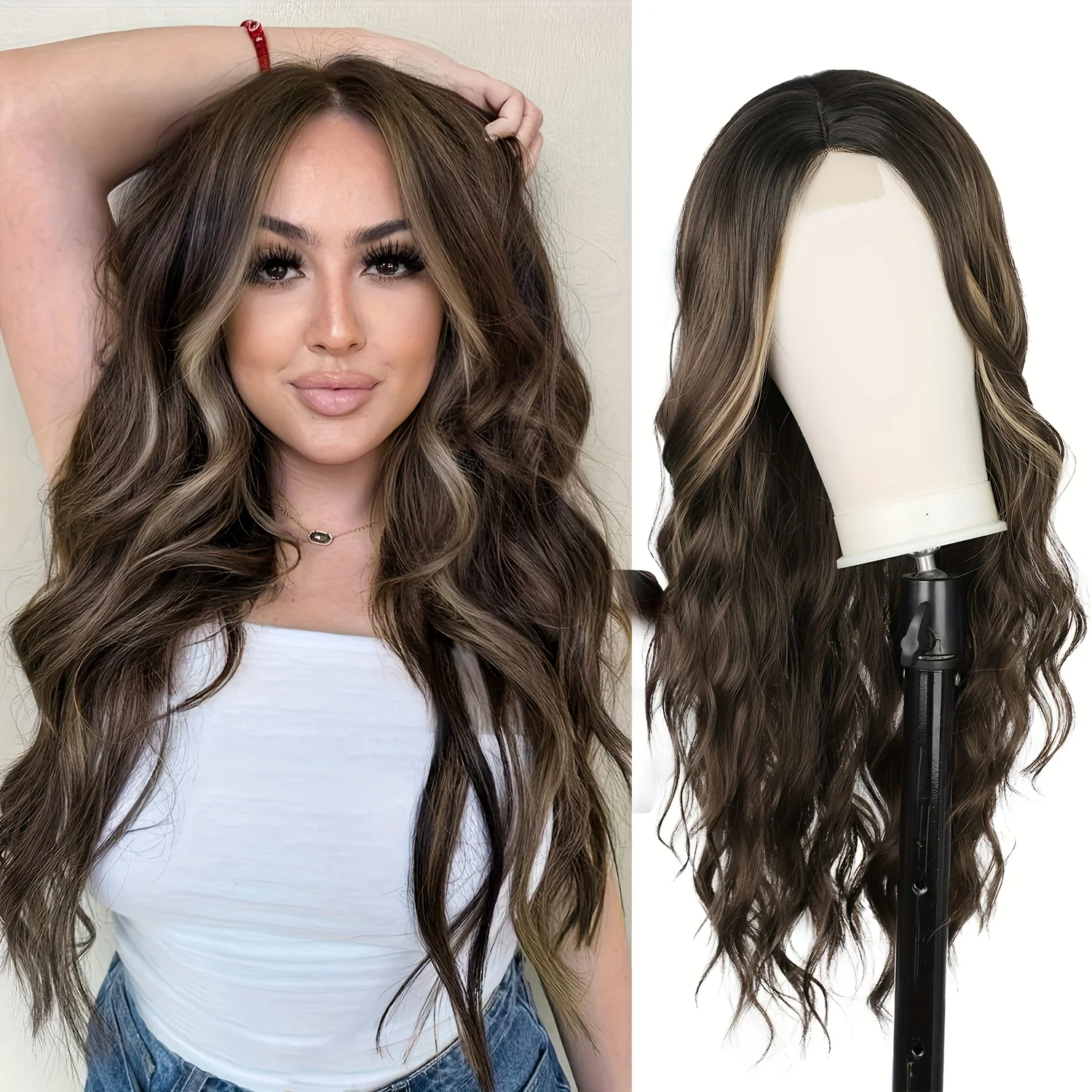 4*1 U-Part Lace Front Long Wigs For Women Middle Part Wavy Curly Wig With Dark Roots Synthetic Heat Resistant Fiber Wig For Daily Party Use (Brown With Blonde) - Image 11