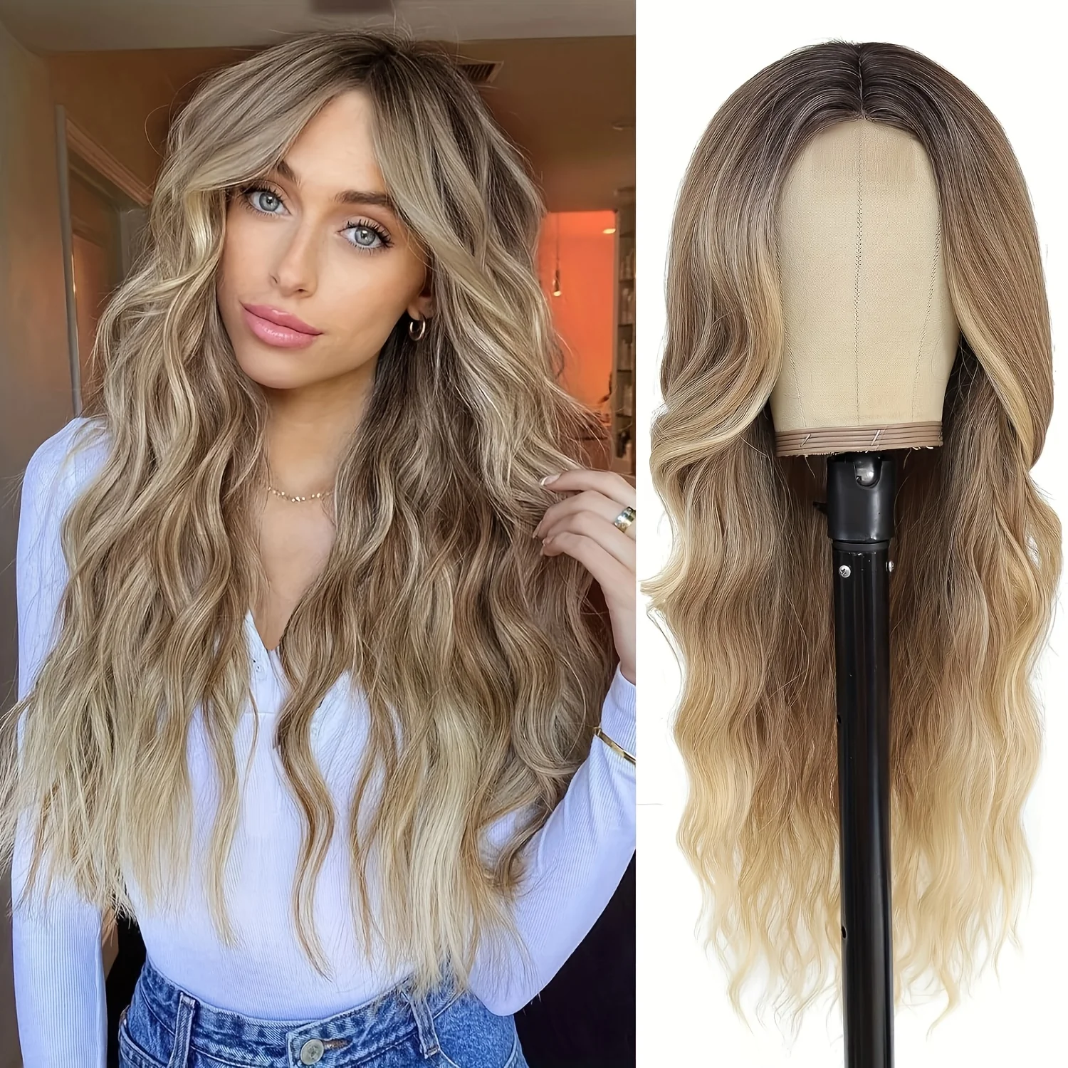 4*1 U-Part Lace Front Long Wigs For Women Middle Part Wavy Curly Wig With Dark Roots Synthetic Heat Resistant Fiber Wig For Daily Party Use (Brown With Blonde) - Image 12