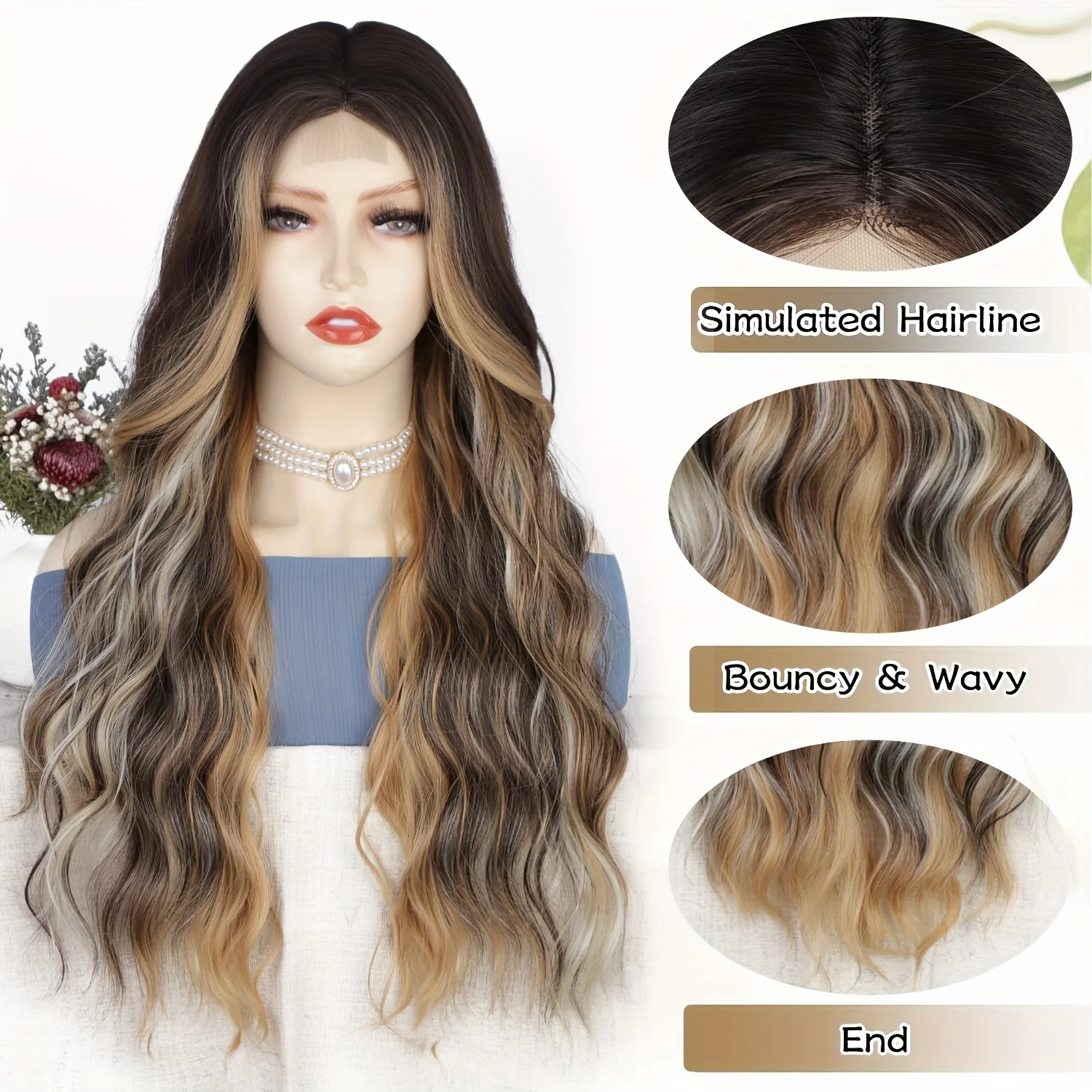 4*1 U-Part Lace Front Long Wigs For Women Middle Part Wavy Curly Wig With Dark Roots Synthetic Heat Resistant Fiber Wig For Daily Party Use (Brown With Blonde) - Image 2