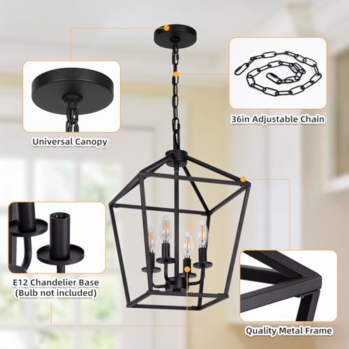 4 Light Chandelier, Industrial Ceiling Light Black Lantern Light Fixtures with Farmhouse Metal Cage Adjustable Height Rustic Geometric Hanging Light E12 Base for Kitchen Island, Entryway, Indoor - Image 4