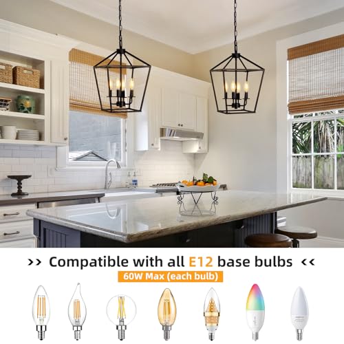 4 Light Chandelier, Industrial Ceiling Light Black Lantern Light Fixtures with Farmhouse Metal Cage Adjustable Height Rustic Geometric Hanging Light E12 Base for Kitchen Island, Entryway, Indoor - Image 5
