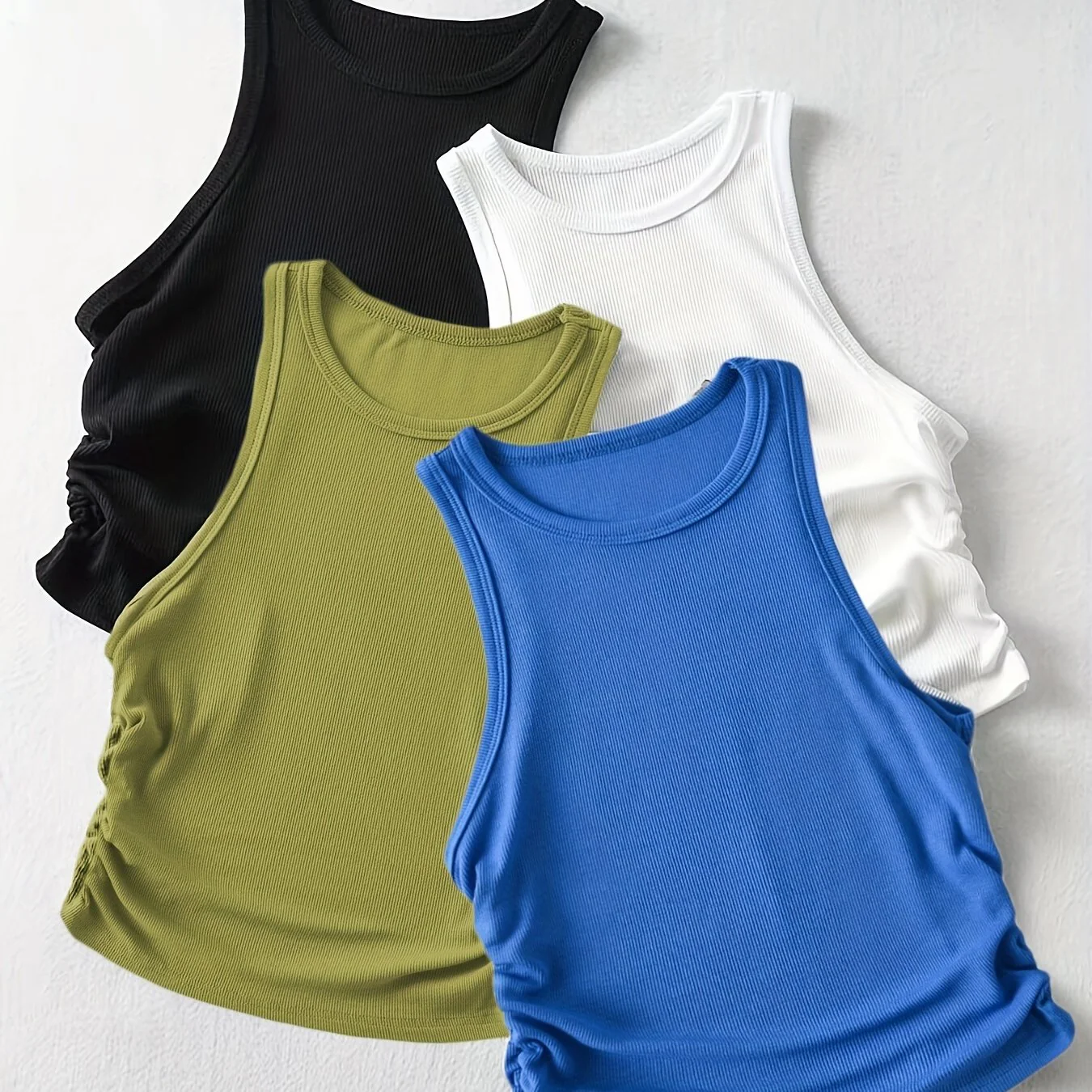 4 Packs Side Ruched Tank Tops, Y2K Crew Neck Tank Tops For Summer, Women's Clothing - Image 10