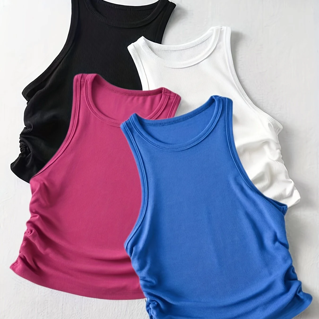 4 Packs Side Ruched Tank Tops, Y2K Crew Neck Tank Tops For Summer, Women's Clothing - Image 11