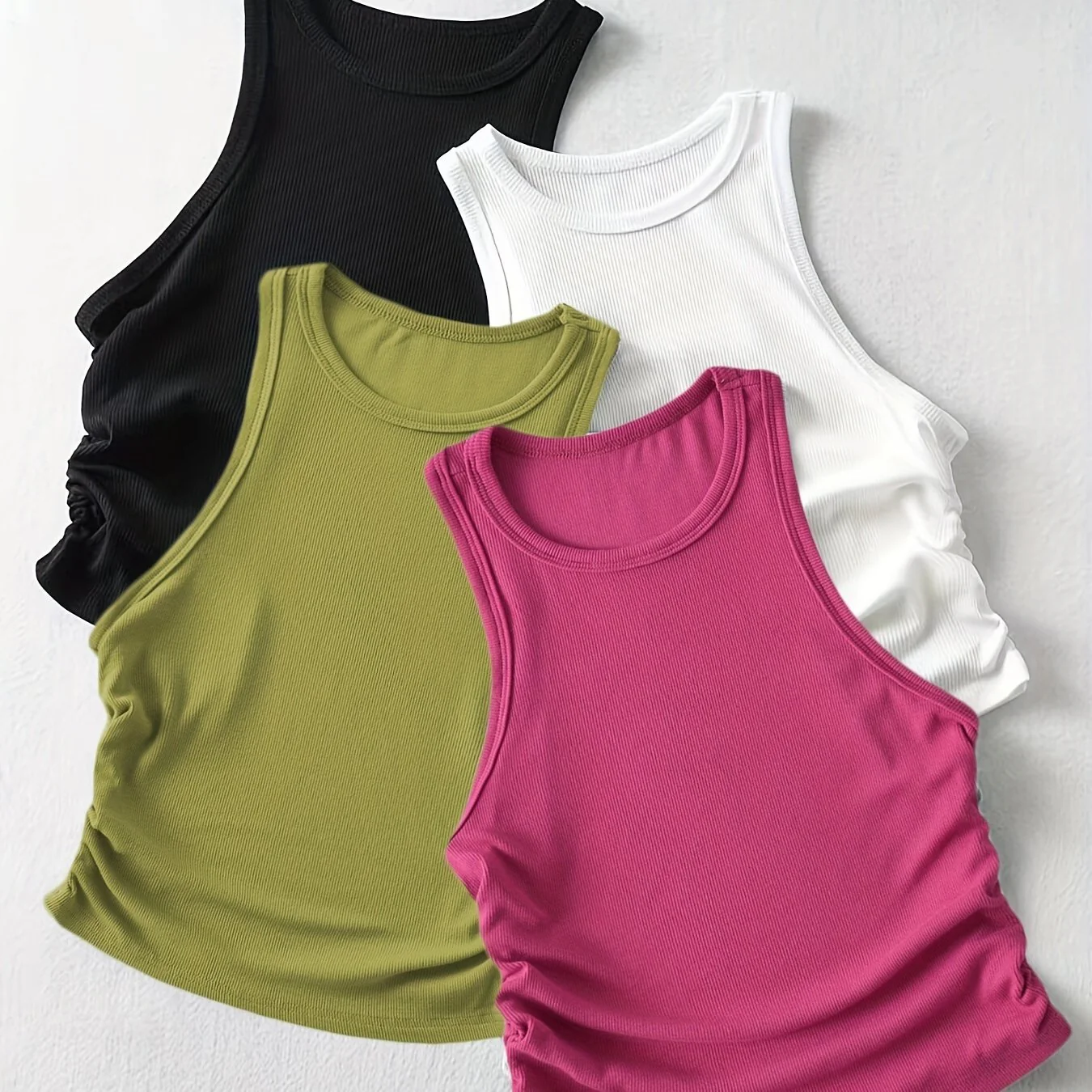 4 Packs Side Ruched Tank Tops, Y2K Crew Neck Tank Tops For Summer, Women's Clothing - Image 18