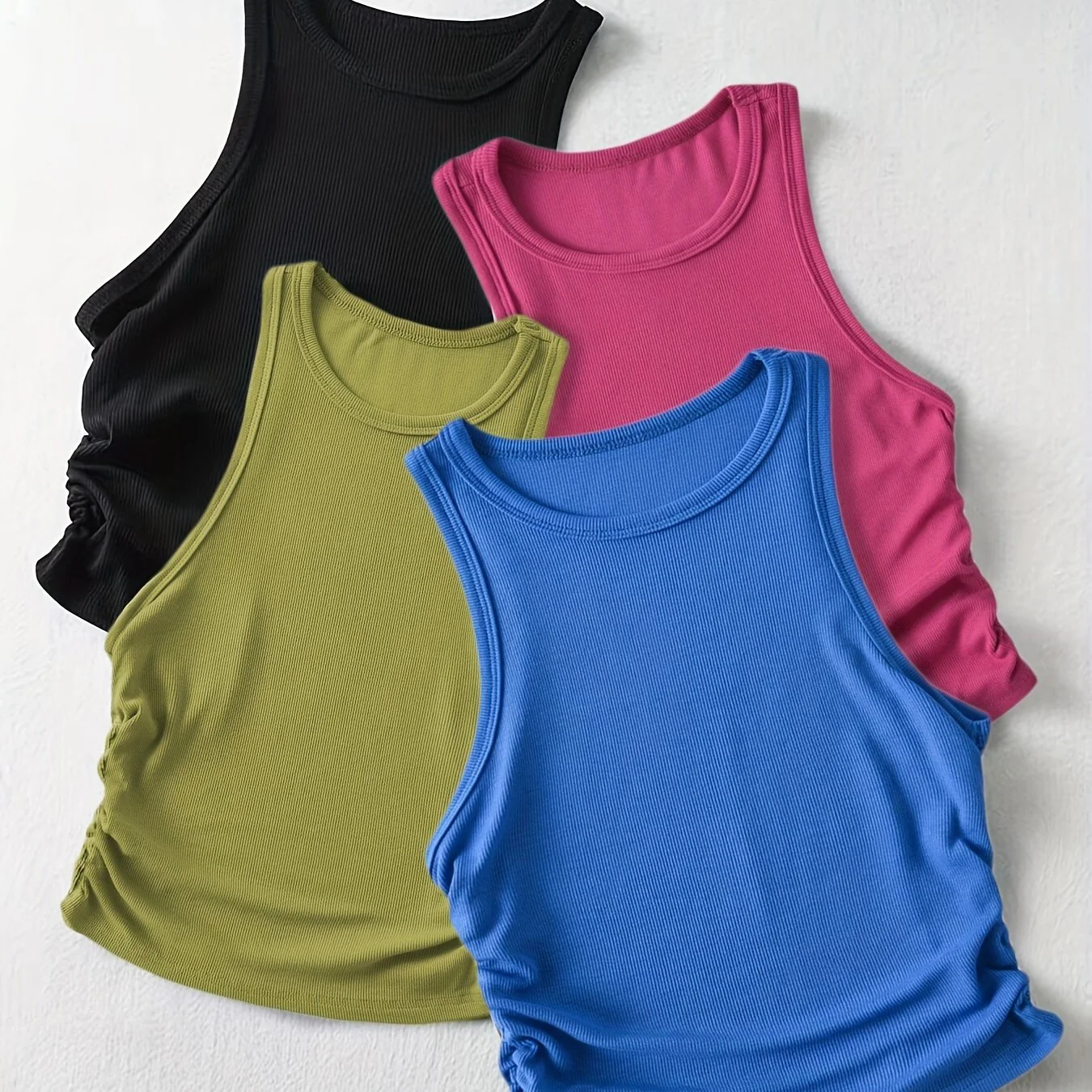 4 Packs Side Ruched Tank Tops, Y2K Crew Neck Tank Tops For Summer, Women's Clothing - Image 19