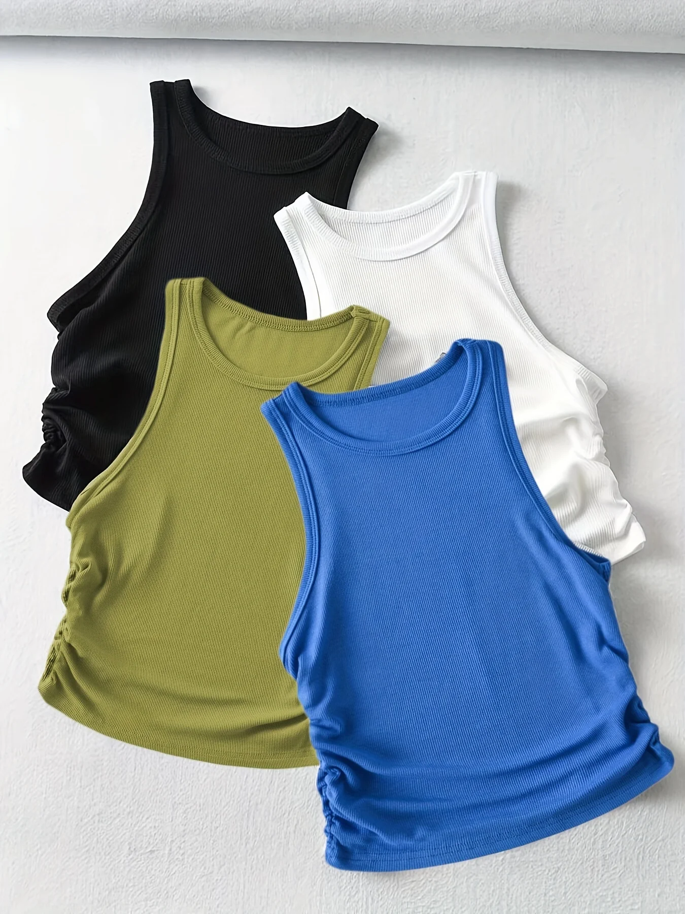 4 Packs Side Ruched Tank Tops, Y2K Crew Neck Tank Tops For Summer, Women's Clothing - Image 2