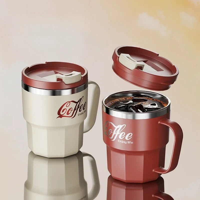 400ml 304 Stainless Steel Coffee Cup Mug with Lid Double-Wall Insulated Cup with Handle & Lid Heat-resistant Drinkware