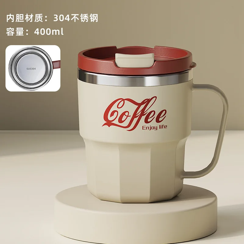 400ml 304 Stainless Steel Coffee Cup Mug with Lid Double-Wall Insulated Cup with Handle & Lid Heat-resistant Drinkware - Image 9