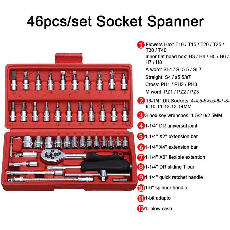 46pcs Socket Ratchet Car Repair Tool Wrench Set Head Ratchet Pawl Socket Spanner Screwdriver Professional Metalworking Tool Kit - Image 3
