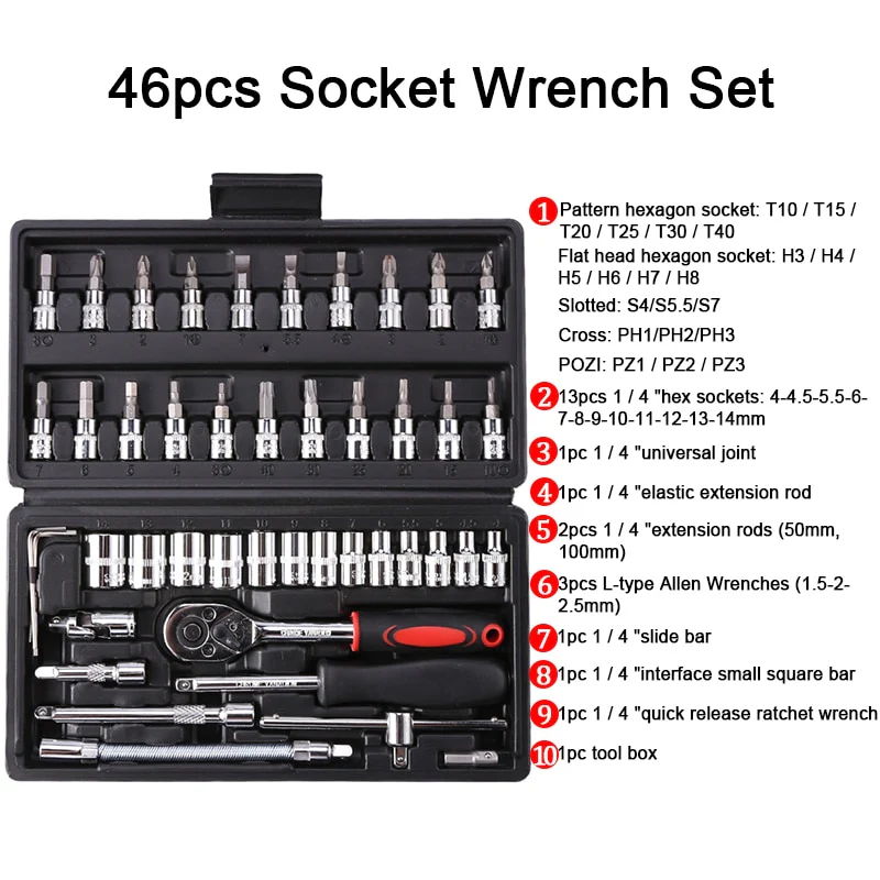 46pcs Socket Ratchet Car Repair Tool Wrench Set Head Ratchet Pawl Socket Spanner Screwdriver Professional Metalworking Tool Kit - Image 4