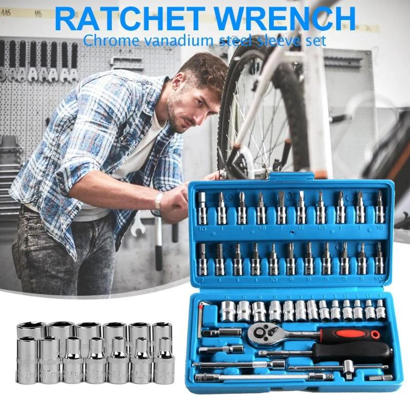 46pcs Socket Ratchet Car Repair Tool Wrench Set Head Ratchet Pawl Socket Spanner Screwdriver Professional Metalworking Tool Kit - Image 5
