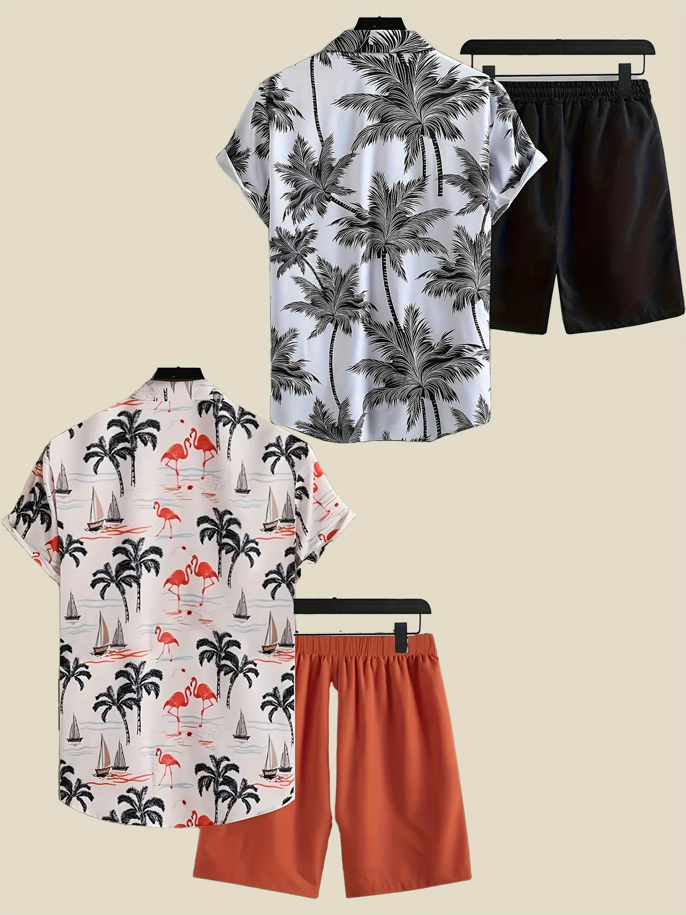 4pcs Men'S Casual Shirt Set, Polyester Lapel Short Sleeved Shirt And Drawstring Shorts, Micro Elastic Version, with Geometric Print And Pockets, Suitable for Beach And Weekend Casual Wear - Image 2