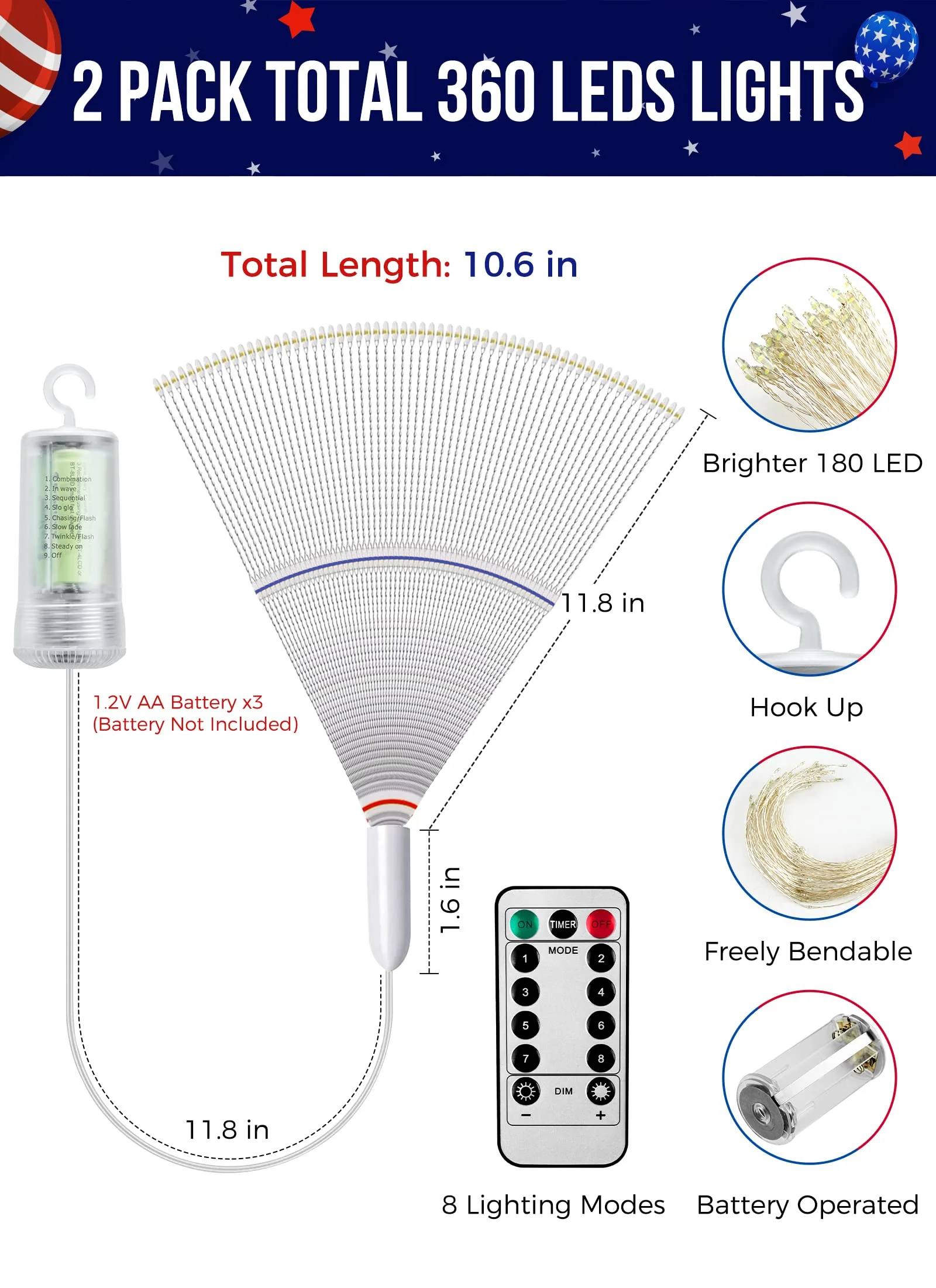 4th of July Decorations Firework Lights - 2 Pack 360 LED Patriotic Lights Battery Operated with 8 Modes Timer Remote, Waterproof Starburst Lights for Independence Day Memorial Day, Red White Blue - Image 3
