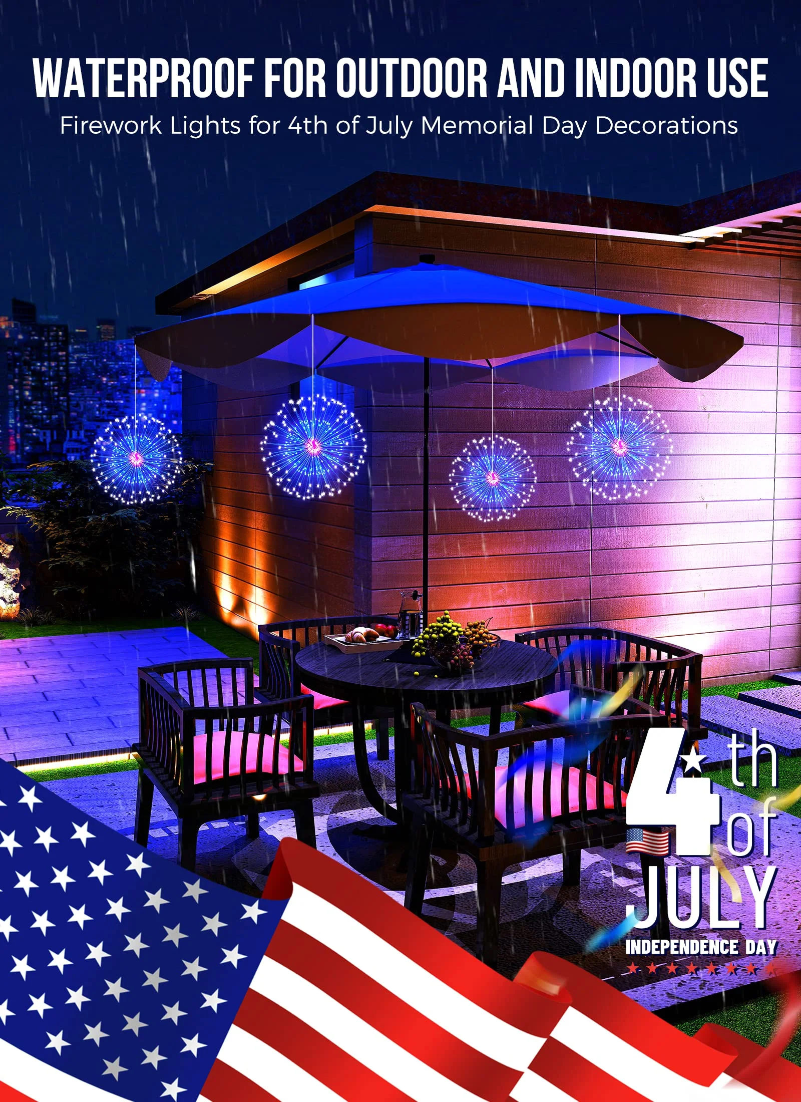 4th of July Decorations Firework Lights - 2 Pack 360 LED Patriotic Lights Battery Operated with 8 Modes Timer Remote, Waterproof Starburst Lights for Independence Day Memorial Day, Red White Blue - Image 4