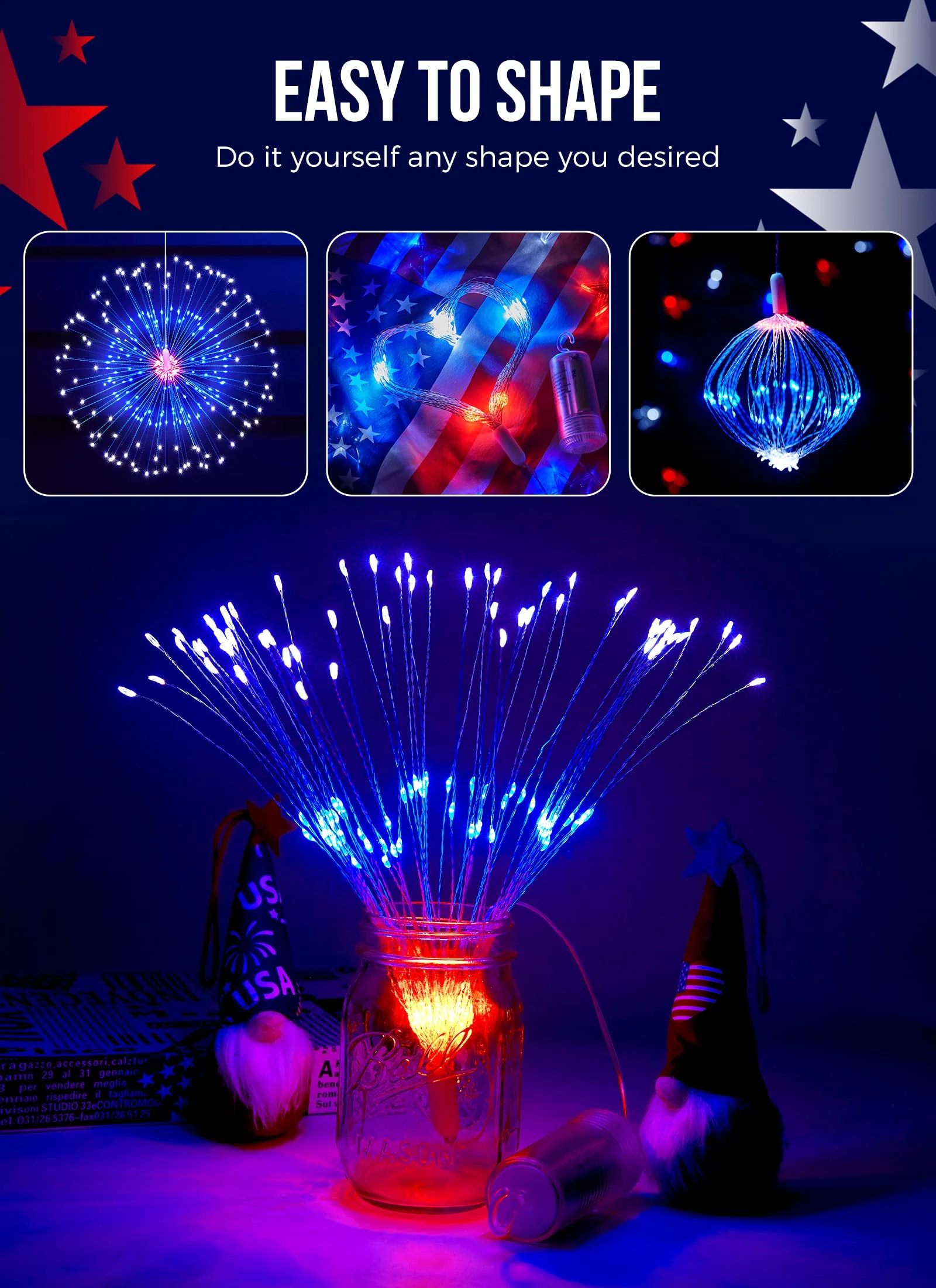 4th of July Decorations Firework Lights - 2 Pack 360 LED Patriotic Lights Battery Operated with 8 Modes Timer Remote, Waterproof Starburst Lights for Independence Day Memorial Day, Red White Blue - Image 5