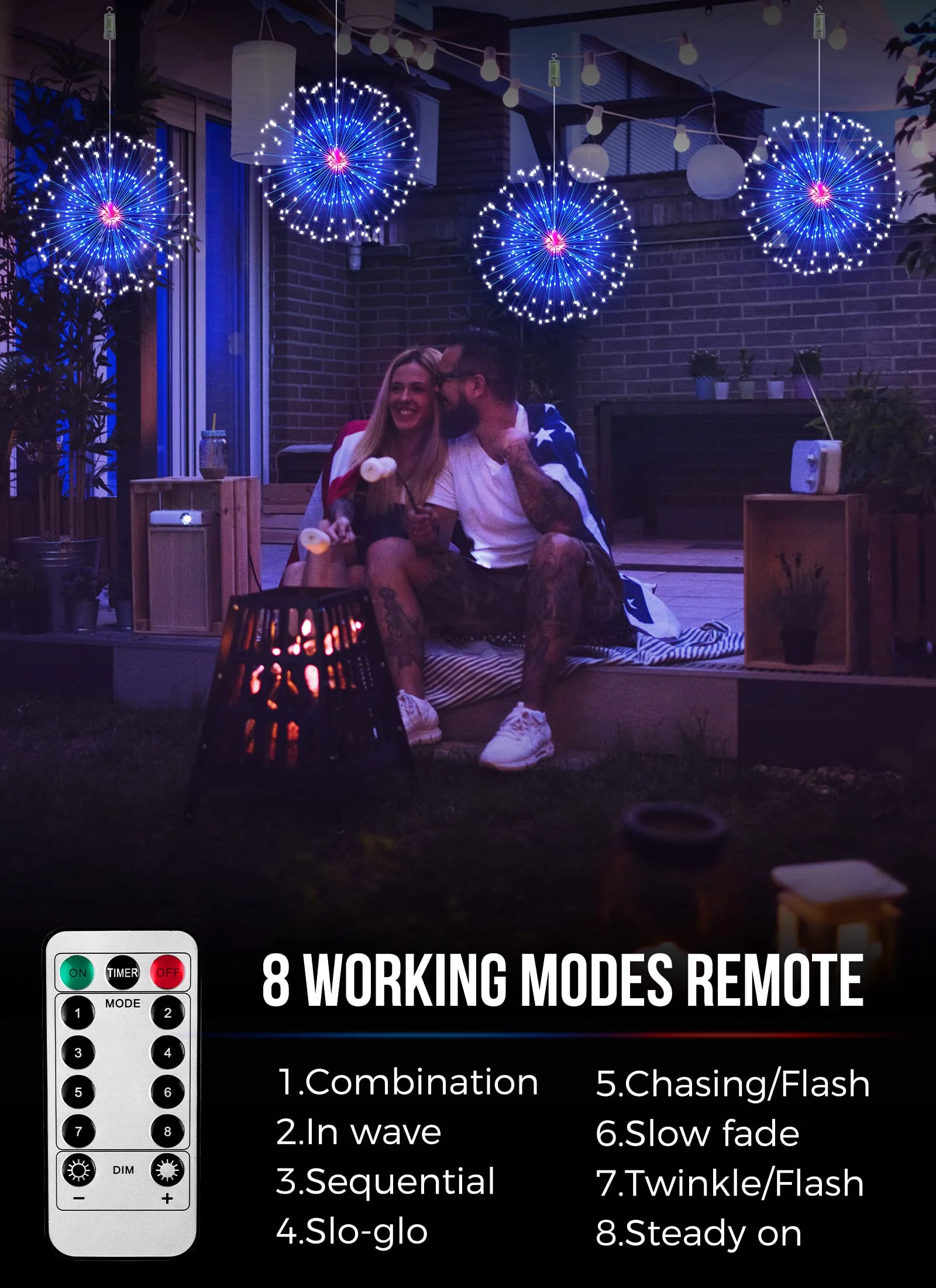 4th of July Decorations Firework Lights - 2 Pack 360 LED Patriotic Lights Battery Operated with 8 Modes Timer Remote, Waterproof Starburst Lights for Independence Day Memorial Day, Red White Blue - Image 6