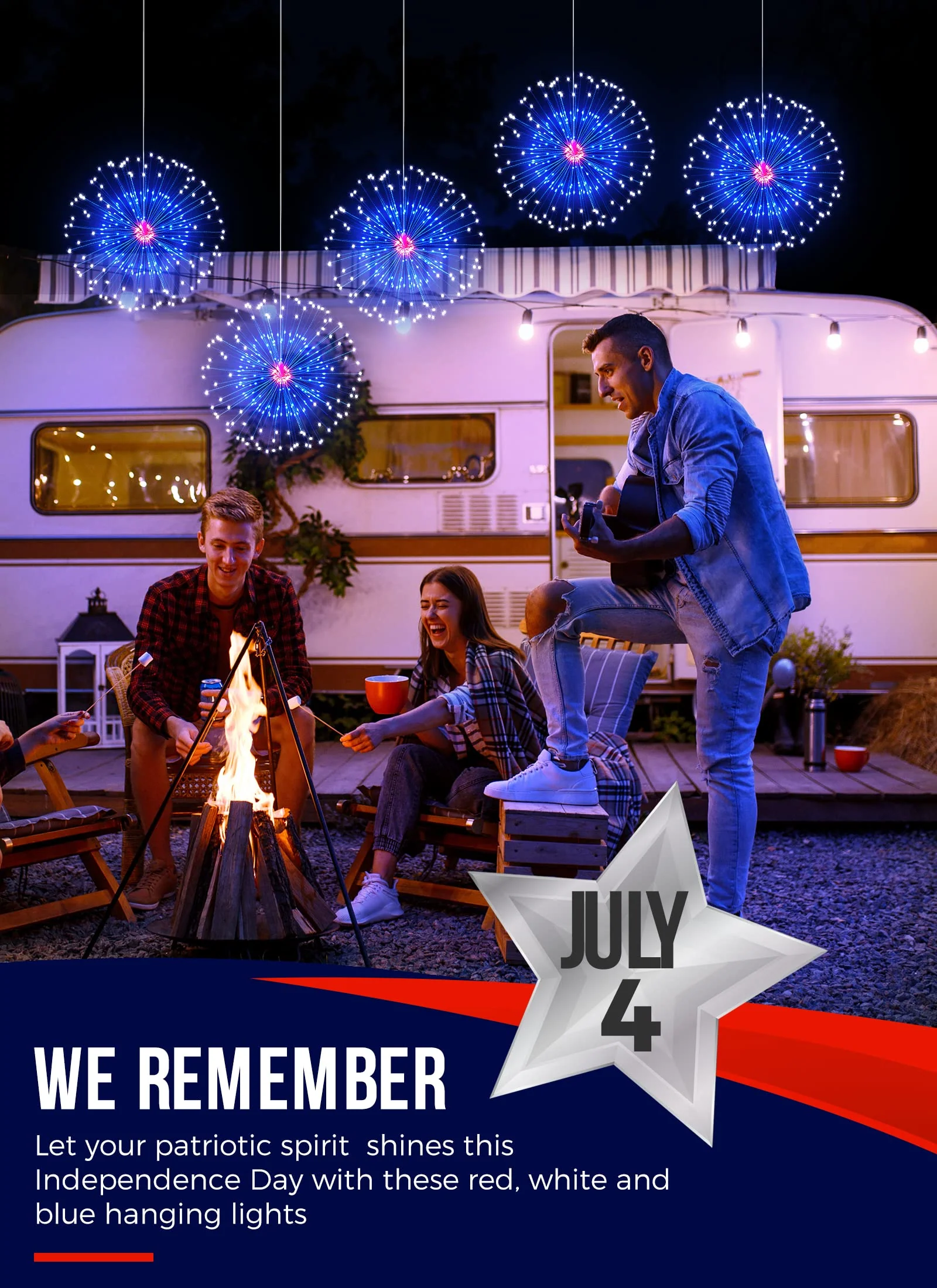 4th of July Decorations Firework Lights - 2 Pack 360 LED Patriotic Lights Battery Operated with 8 Modes Timer Remote, Waterproof Starburst Lights for Independence Day Memorial Day, Red White Blue - Image 7