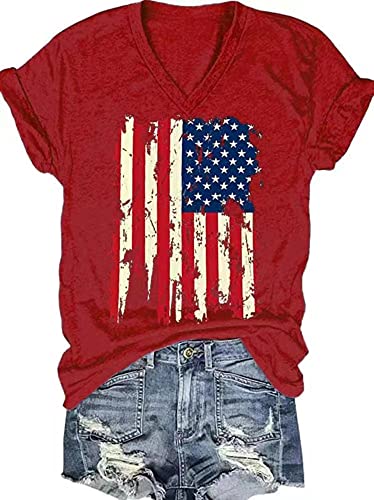 4th of July V Neck Patriotic T-Shirts Women American Flag Print Faith Family Freedom Letter Casual Short Sleeve Tee Tops(L,Red-1) - Image 3